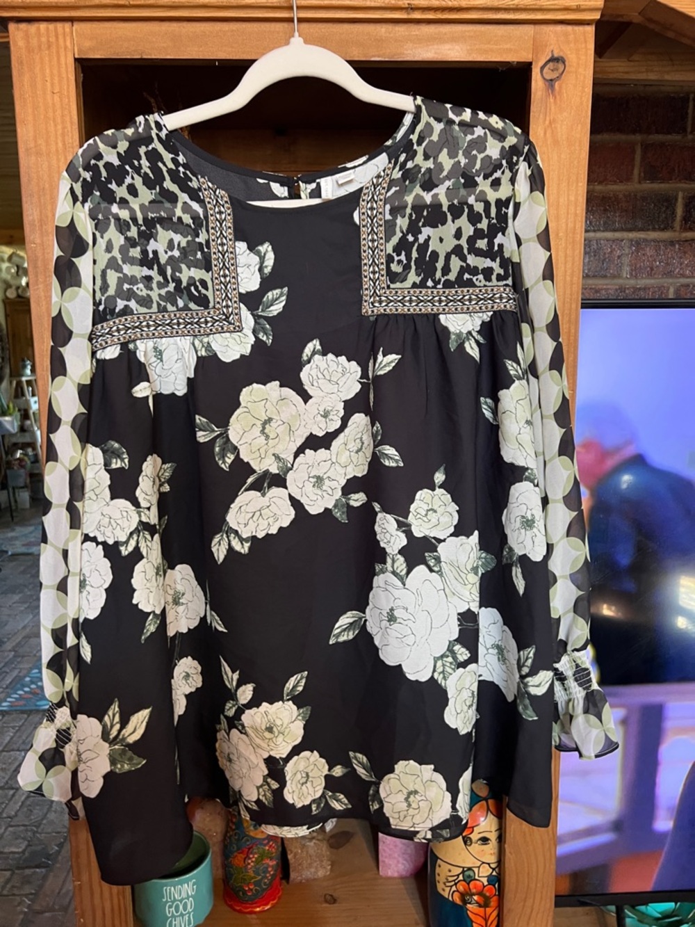 Cato Black Floral Long-Sleeve Mixed-Print Blouse